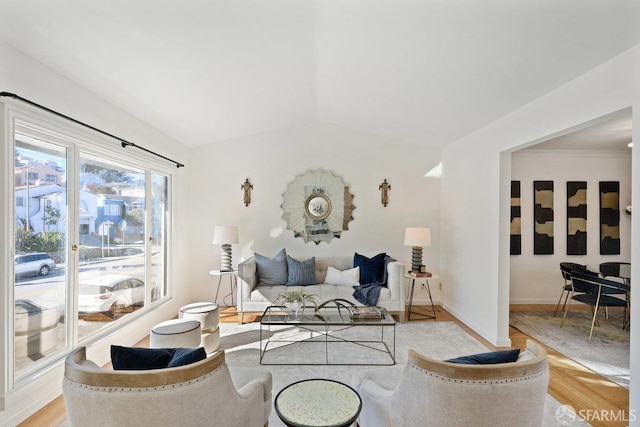 living room featuring vaulted ceiling and light hardwood / wood-style flooring