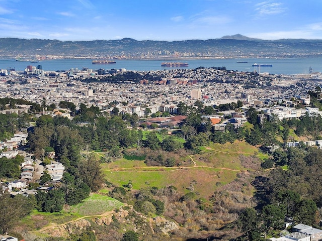 drone / aerial view featuring a water and mountain view