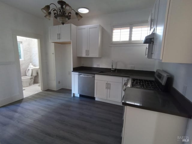 kitchen with dark hardwood / wood-style floors, ventilation hood, stainless steel dishwasher, stove, and white cabinetry