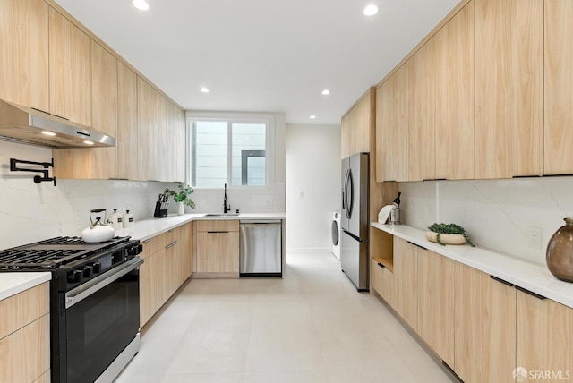 1204-1206 Funston Ave, San Francisco, CA 94122 - kitchen featuring stainless steel appliances, light brown cabinets, modern cabinets, decorative backsplash, and recessed lighting
