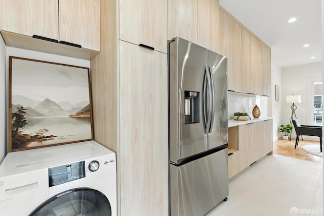 1204-1206 Funston Ave, San Francisco, CA 94122 - kitchen with washer / dryer, stainless steel fridge, modern cabinets, light brown cabinetry, and recessed lighting