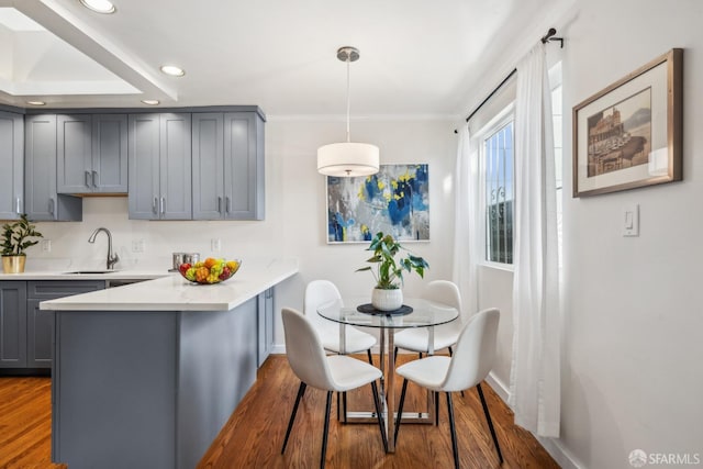 kitchen featuring a sink, a peninsula, wood finished floors, and gray cabinets