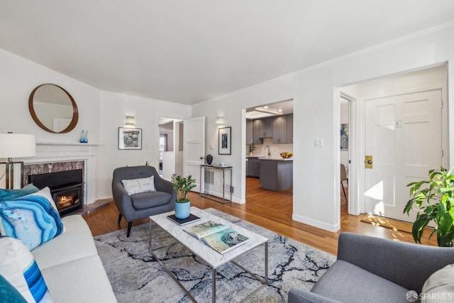 living area with ornamental molding, a fireplace, wood finished floors, and baseboards