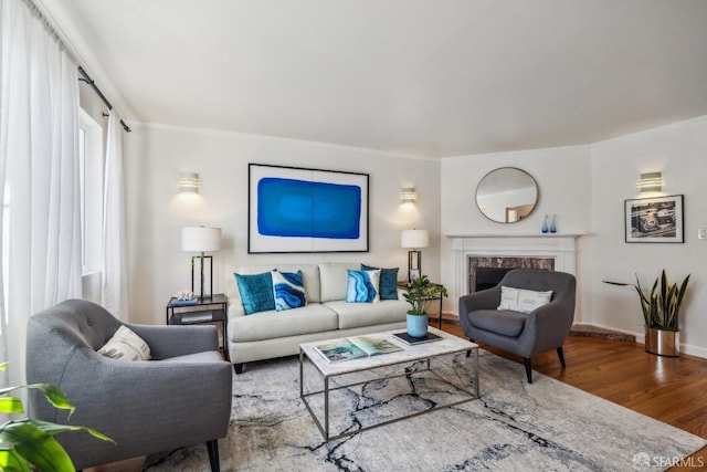 living area with ornamental molding, baseboards, a premium fireplace, and wood finished floors