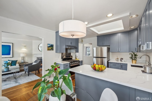 kitchen with appliances with stainless steel finishes, light stone counters, a peninsula, under cabinet range hood, and a sink