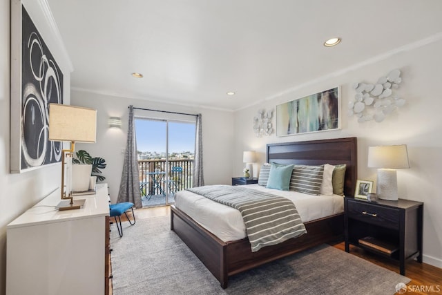 bedroom featuring crown molding, recessed lighting, wood finished floors, access to outside, and baseboards