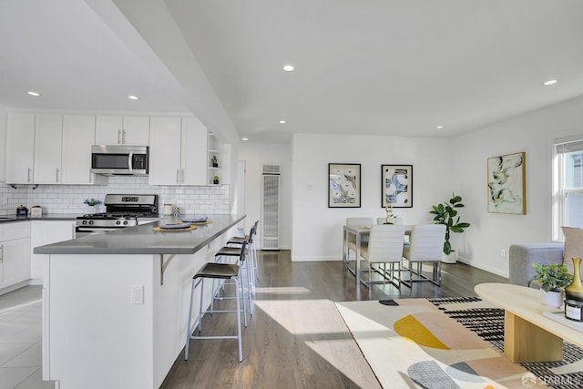 kitchen featuring white cabinetry, decorative backsplash, open shelves, and stainless steel appliances