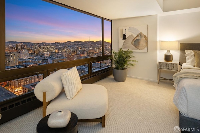 bedroom with carpet flooring, baseboards, and expansive windows