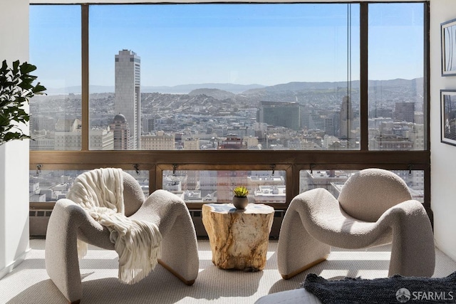 interior space with a wealth of natural light, a mountain view, and a city view