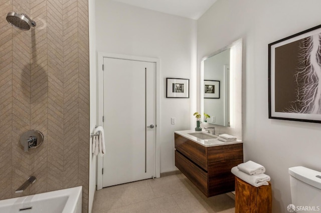 full bathroom with shower / tub combination, tile patterned flooring, vanity, and toilet