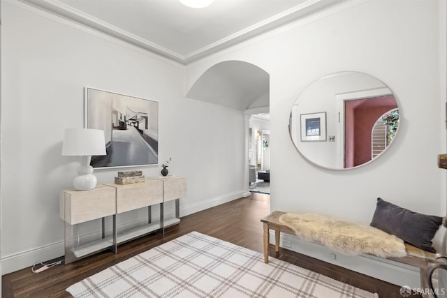 interior space with baseboards, ornamental molding, and dark wood finished floors