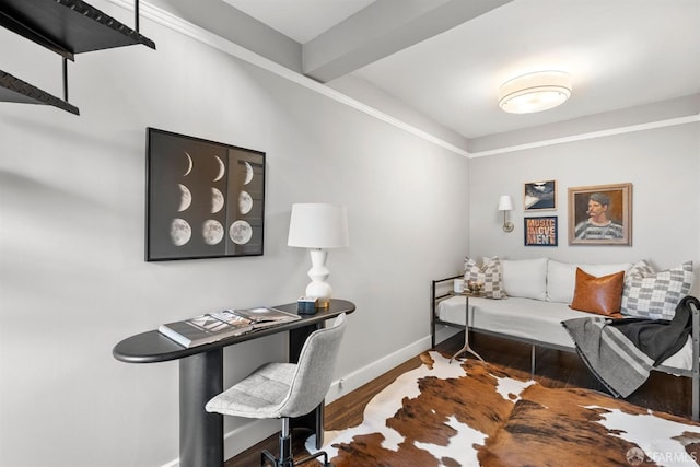 office area with beamed ceiling, dark wood-style flooring, and baseboards