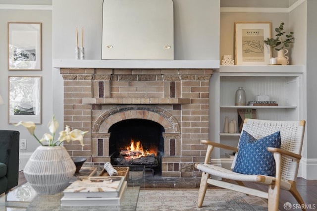 24 Mirabel Ave, San Francisco, CA 94110 - living area with a brick fireplace, crown molding, and wood finished floors