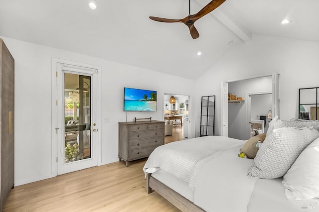 bedroom featuring ceiling fan, a closet, high vaulted ceiling, light hardwood / wood-style flooring, and beamed ceiling