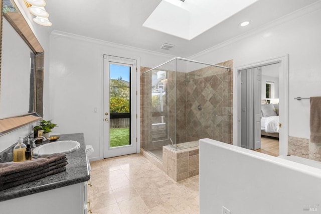 bathroom with toilet, a skylight, crown molding, and a shower with door