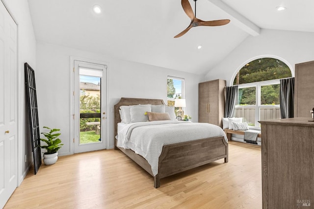 bedroom featuring ceiling fan, vaulted ceiling with beams, access to outside, and light hardwood / wood-style flooring