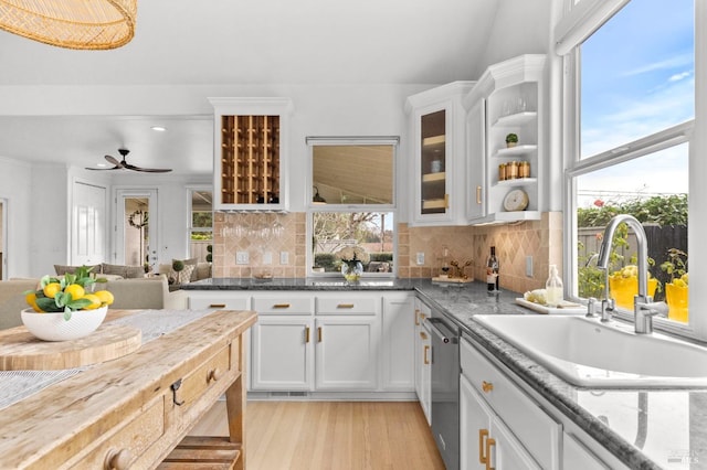 kitchen featuring ceiling fan, sink, white cabinets, and tasteful backsplash