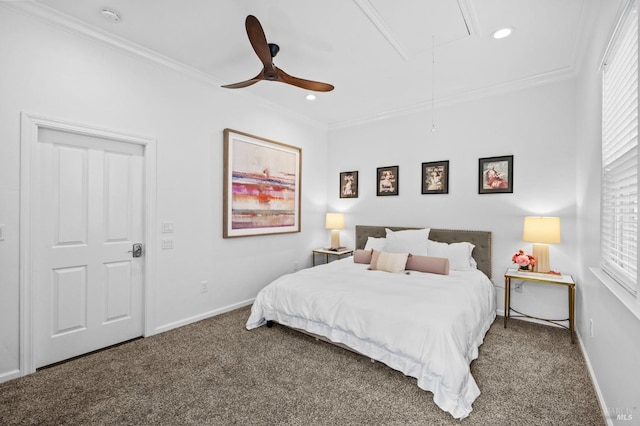 carpeted bedroom featuring ceiling fan and crown molding