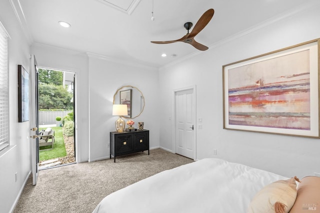 carpeted bedroom with ceiling fan, ornamental molding, and access to outside