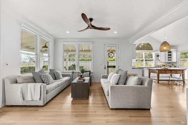 living room featuring light wood-type flooring, ceiling fan, and a healthy amount of sunlight