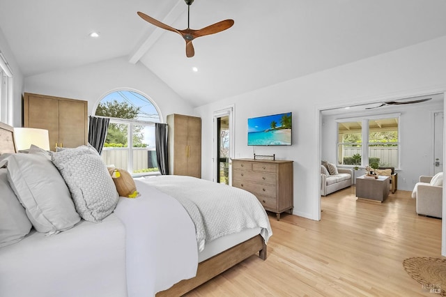 bedroom featuring ceiling fan, beam ceiling, high vaulted ceiling, and light hardwood / wood-style floors