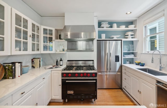 2932 Baker St, San Francisco, CA 94123 - kitchen featuring appliances with stainless steel finishes, open shelves, a sink, white cabinets, and light wood-type flooring