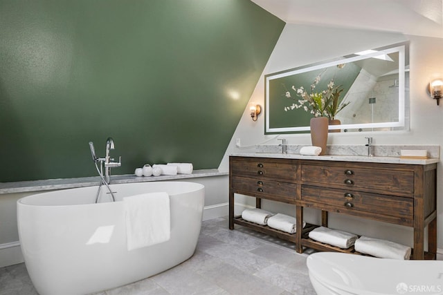 4551 Fairbairn Ave, Oakland, CA 94619 - full bath with vaulted ceiling, double vanity, a freestanding tub, and a shower