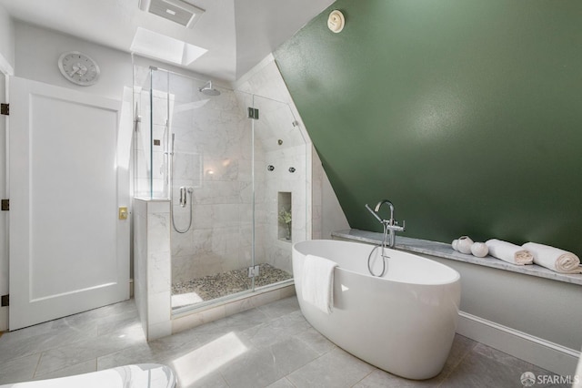 4551 Fairbairn Ave, Oakland, CA 94619 - full bath with a freestanding bath, a shower stall, and a skylight
