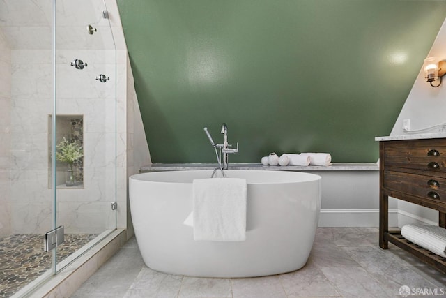 4551 Fairbairn Ave, Oakland, CA 94619 - full bath featuring a soaking tub, a stall shower, vanity, and marble finish floors