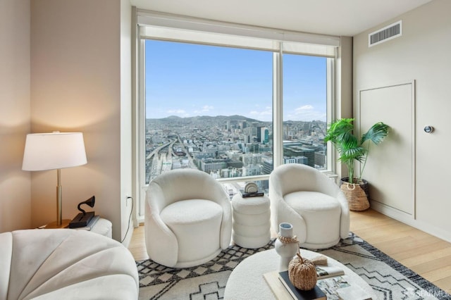 living area with floor to ceiling windows, a mountain view, and light wood-type flooring