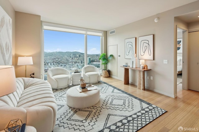 living room with a wall of windows and light hardwood / wood-style floors