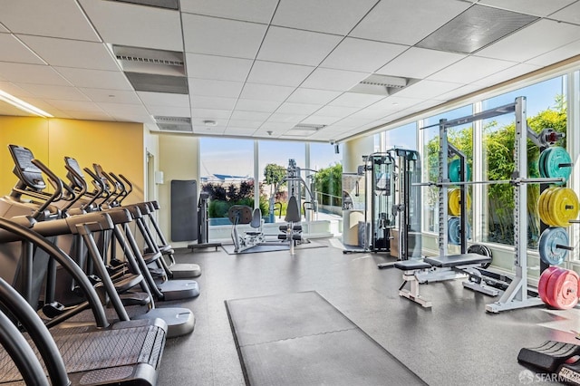 workout area featuring a drop ceiling and floor to ceiling windows