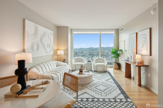 sitting room featuring a wall of windows, a mountain view, and light hardwood / wood-style flooring