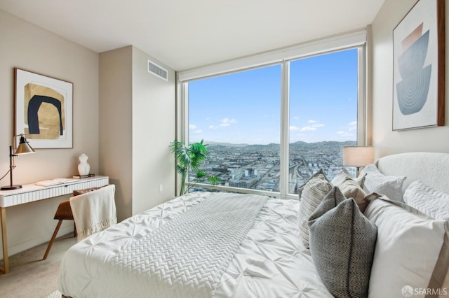 carpeted bedroom with a mountain view and multiple windows