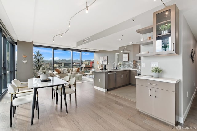 dining space featuring floor to ceiling windows, light hardwood / wood-style flooring, and sink