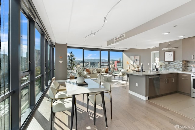 kitchen with sink, stainless steel dishwasher, tasteful backsplash, a wall of windows, and kitchen peninsula