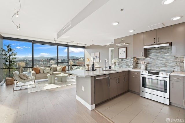 kitchen featuring kitchen peninsula, sink, decorative backsplash, appliances with stainless steel finishes, and a wall of windows