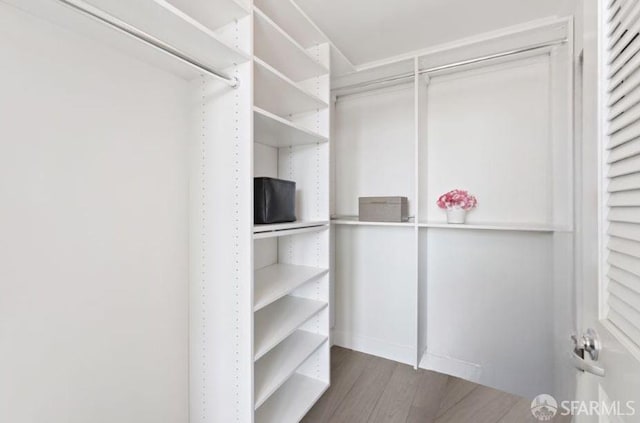 walk in closet featuring dark wood-type flooring