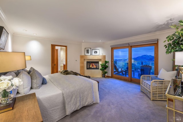 bedroom with crown molding, a fireplace, carpet floors, access to exterior, and recessed lighting