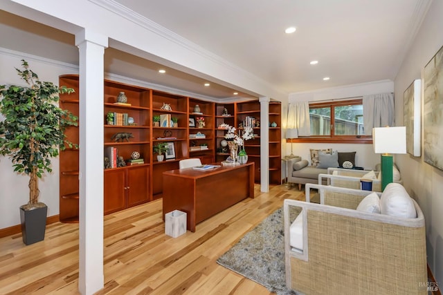 office with crown molding, light wood-style floors, and recessed lighting
