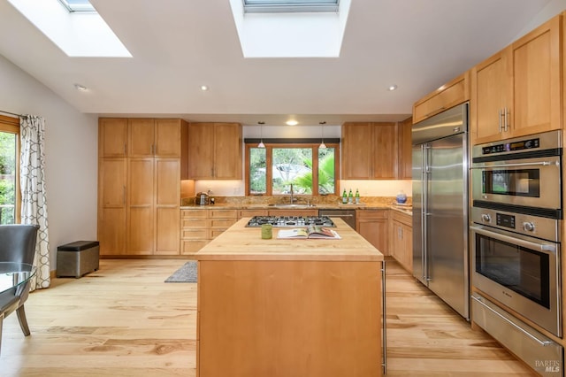 kitchen with plenty of natural light, a skylight, appliances with stainless steel finishes, a sink, and wood counters