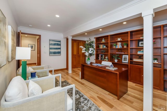 office area featuring ornamental molding, baseboards, ornate columns, recessed lighting, and light wood-style flooring