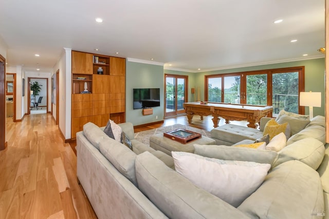 living area with recessed lighting, billiards, and light wood-type flooring