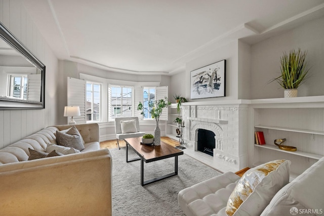 living area featuring wood finished floors and a fireplace