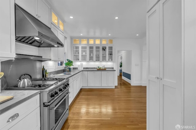 kitchen featuring light wood-type flooring, high end stove, backsplash, and white cabinets