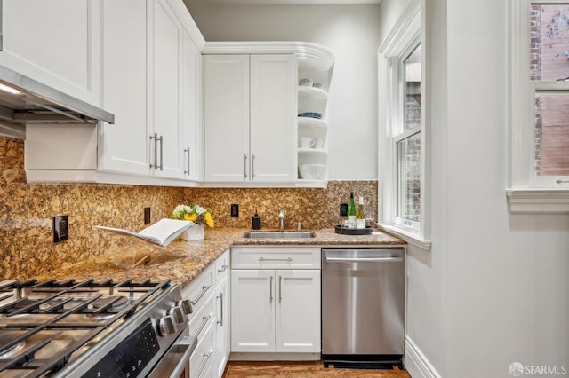 kitchen featuring open shelves, a sink, white cabinetry, and appliances with stainless steel finishes