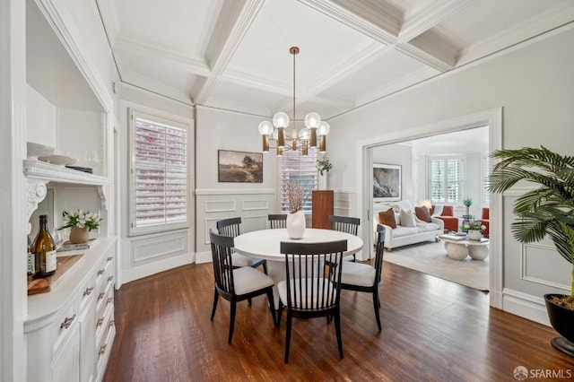 dining area featuring coffered ceiling, beamed ceiling, dark wood-style floors, a chandelier, and a decorative wall