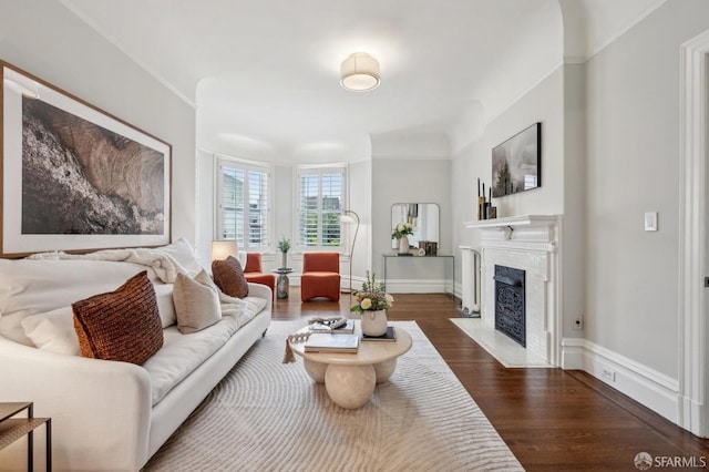 living area featuring baseboards, ornamental molding, a fireplace, and dark wood-type flooring