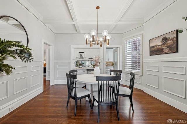 dining area featuring a decorative wall, coffered ceiling, beam ceiling, and a notable chandelier