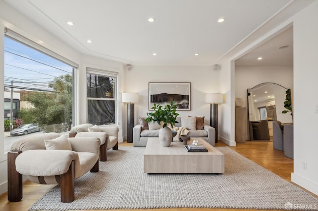 living room with ornamental molding and light hardwood / wood-style flooring